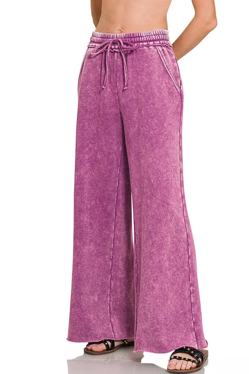 Zenana Acid Wash Fleece Palazzo Sweatpants with Pockets