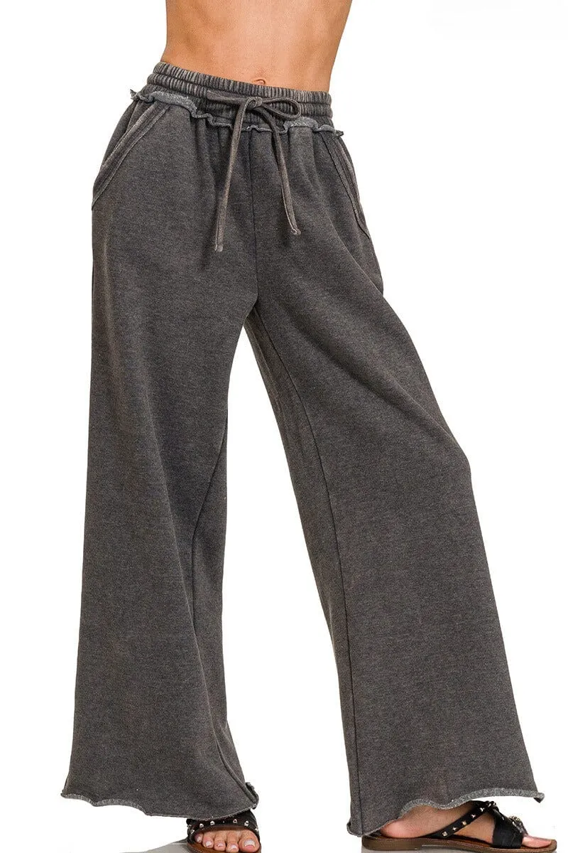 Zenana Acid Wash Fleece Palazzo Sweatpants with Pockets