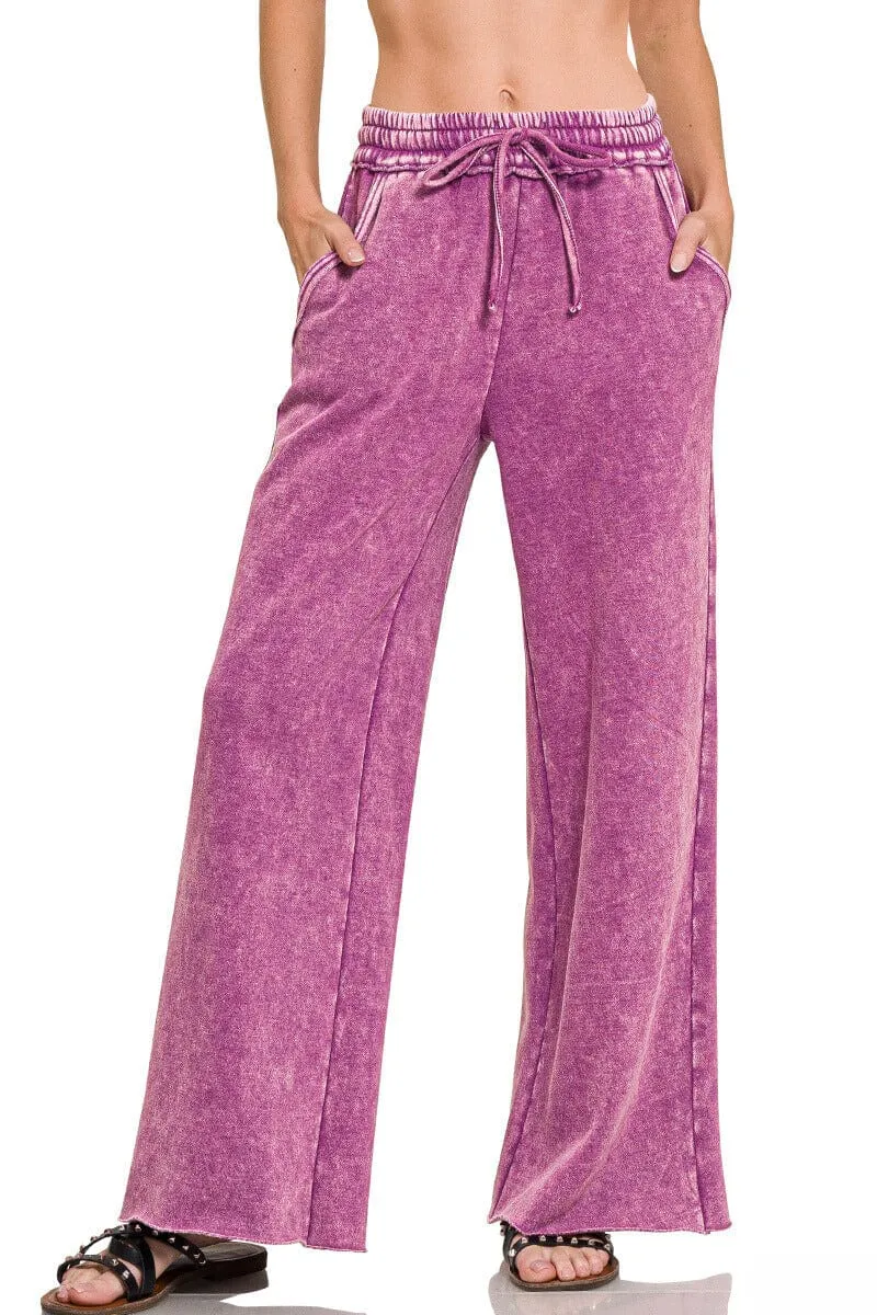 Zenana Acid Wash Fleece Palazzo Sweatpants with Pockets