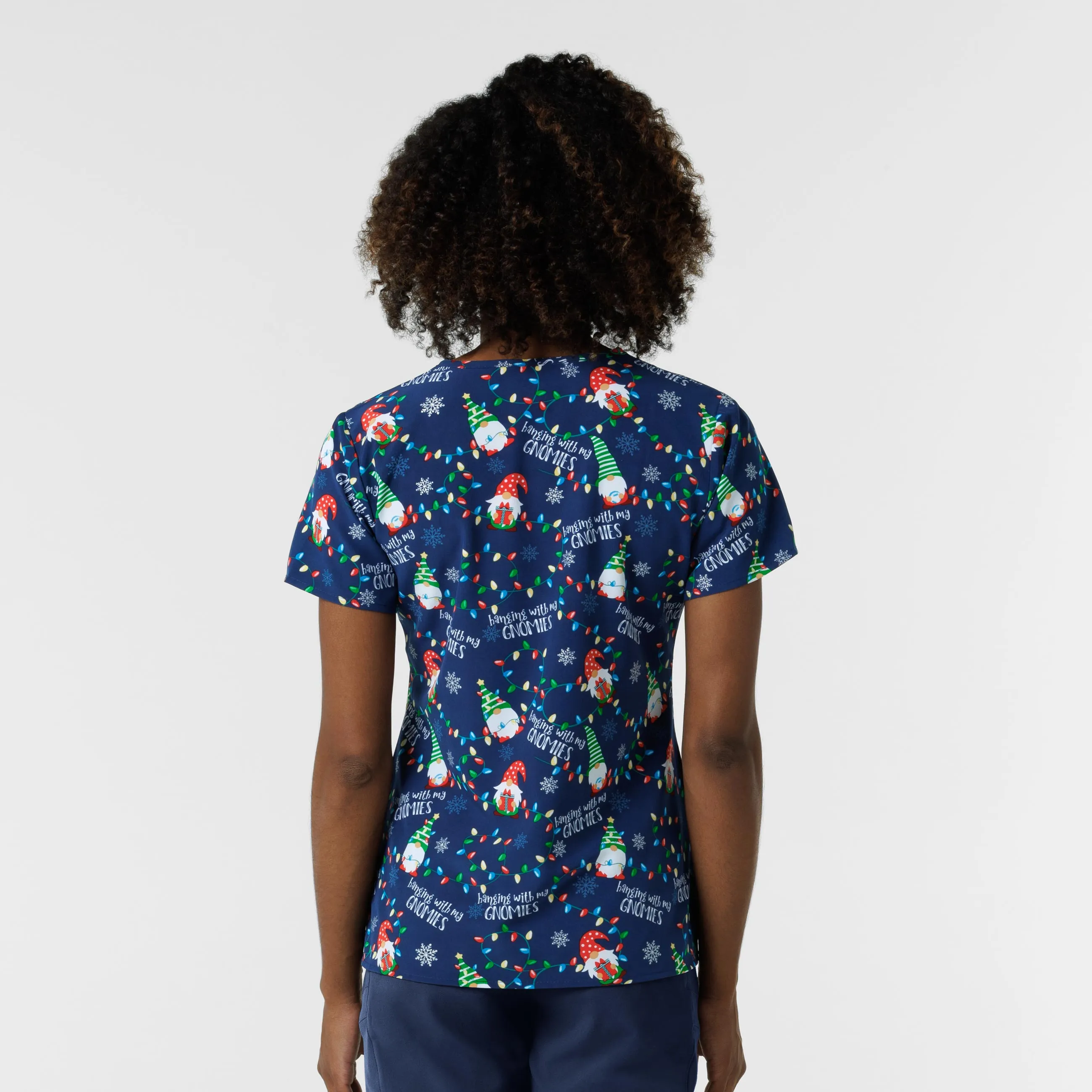 Zoe Chloe Performance V-Neck Print Scrub Top - Gnome Alone