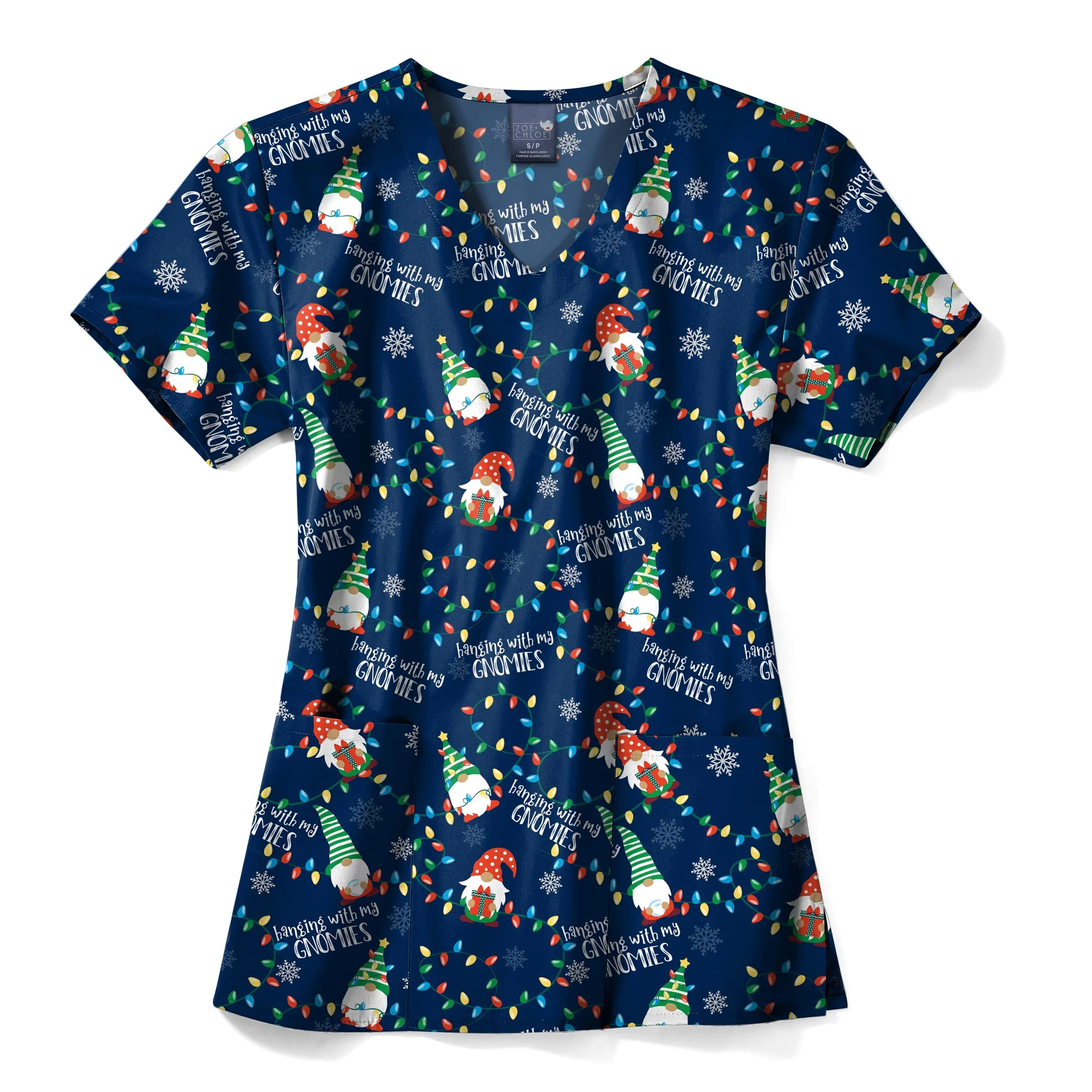 Zoe Chloe Performance V-Neck Print Scrub Top - Gnome Alone